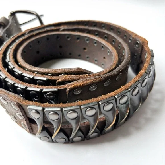 Vintage Brown Leather Heavy Metal Hardware Studded Grunge Biker Streetwear Belt - Picture 4 of 13